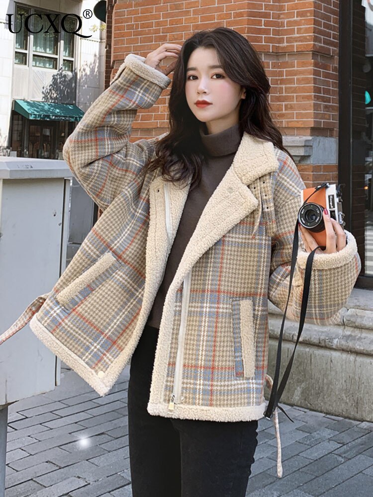 Women's Lambs Wool Short Coats Autumn Winter Wild New Korean Version Loose Plaid Notched Long Sleeve Casual Jacket