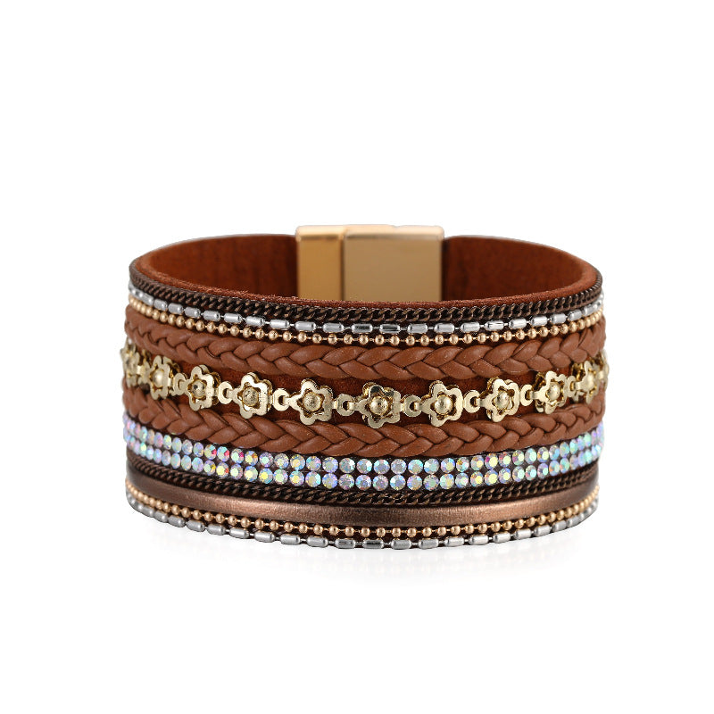 Bohemian Wide Bracelet Flower Elements Diamond Light Luxury Braided Leather Strip Fashion Magnetic Buckle Bracelet