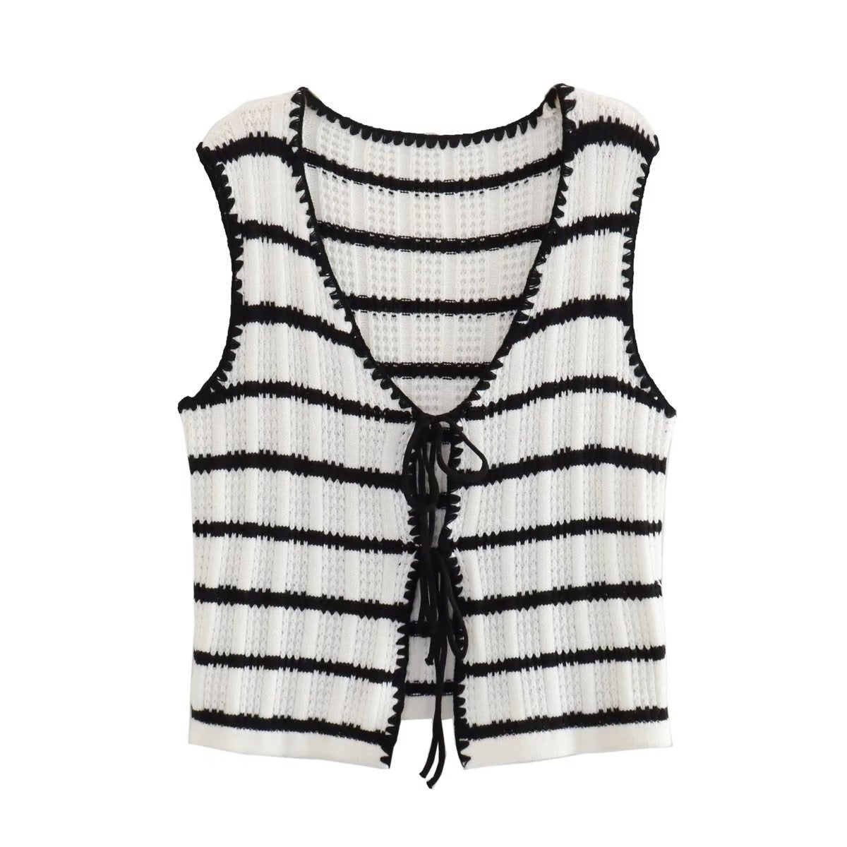 Summer 2 Pieces Set Black And White Striped V-Neck Lace-Up Tops+Knitted High Waist Wide Leg Pants Female Suit