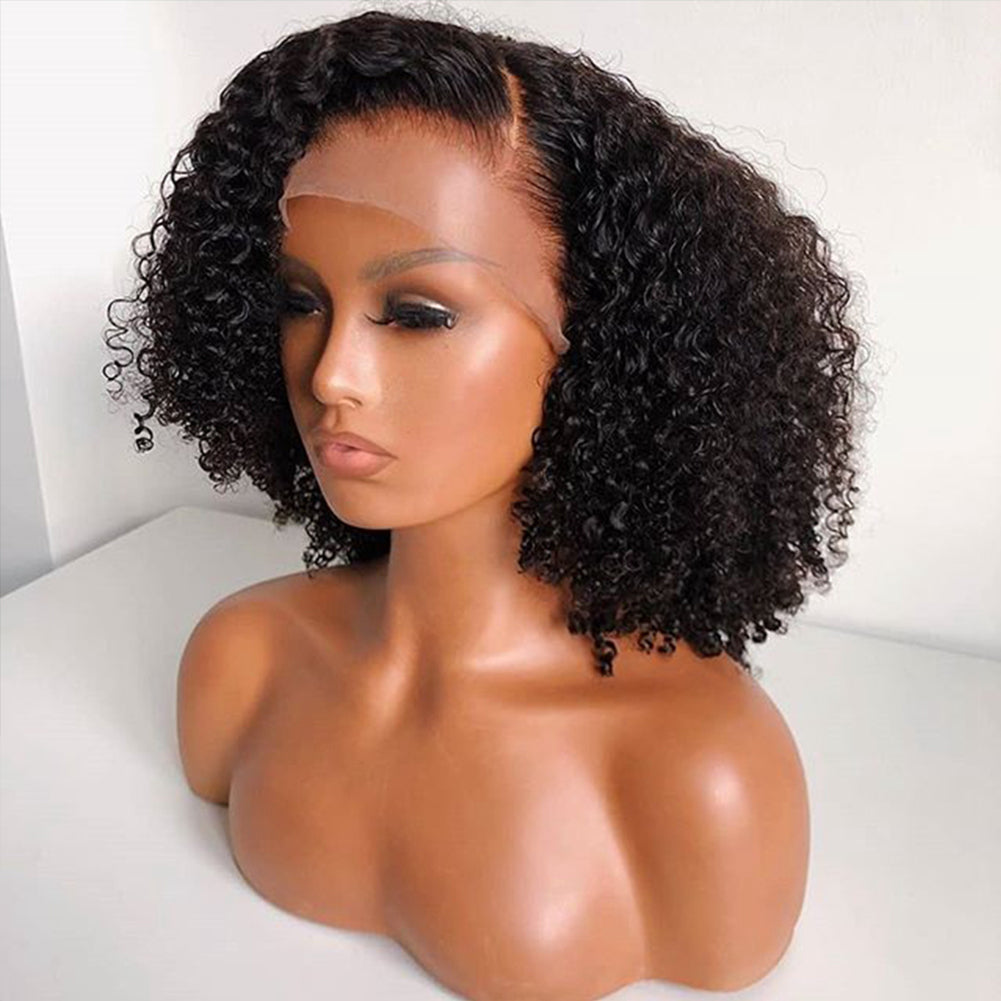 Black curly wig with small curls made of high-temperature synthetic fibers and featuring a front lace headgear