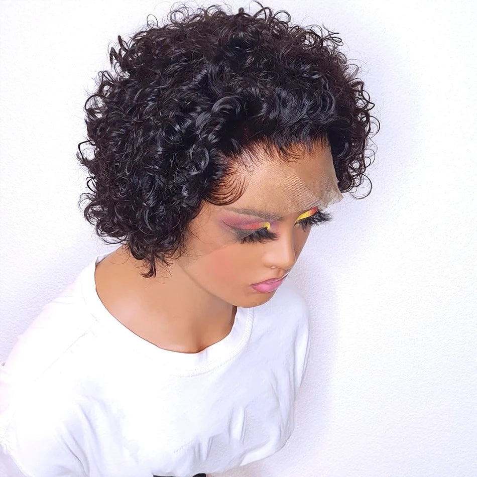 Lace wig with real human hair in a short pixie syle