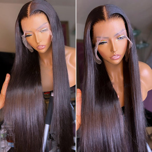 Natural-looking black synthetic wig with a front lace, featuring long, straight, matte, high temperature fibers