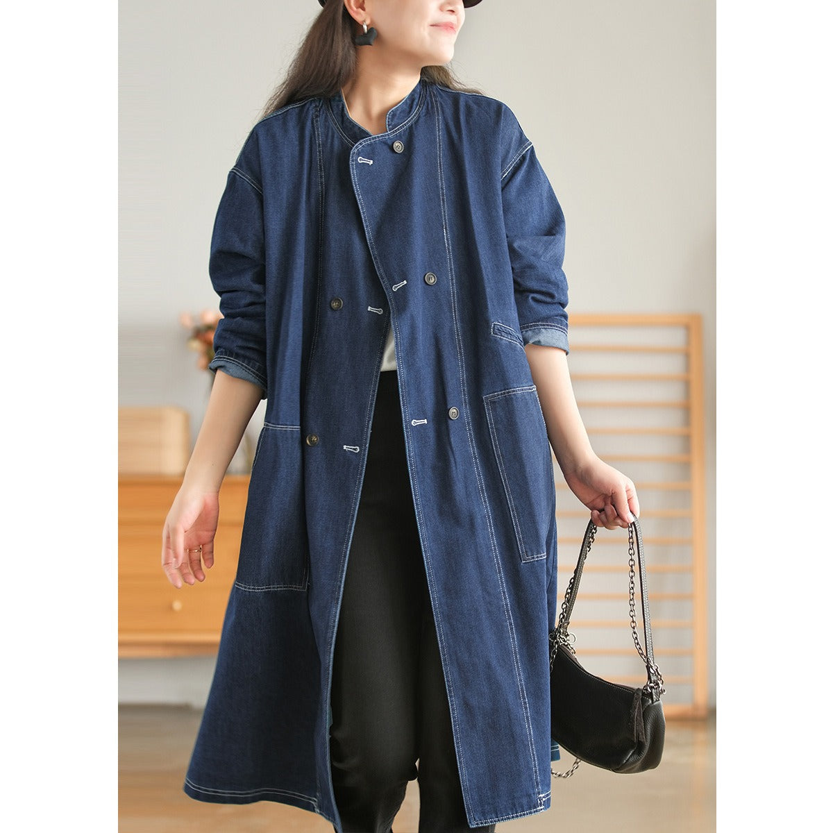 Lady Denim Trench Coat For Women Stand Collar Long Sleeves Double Breasted Retro Patchwork Coats