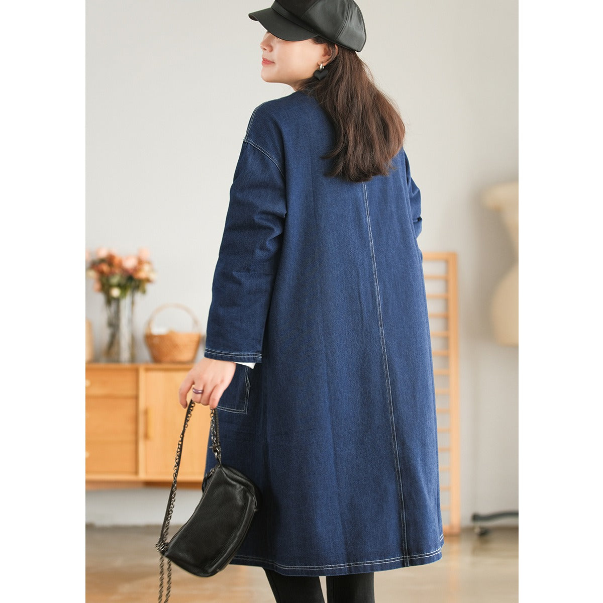 Lady Denim Trench Coat For Women Stand Collar Long Sleeves Double Breasted Retro Patchwork Coats