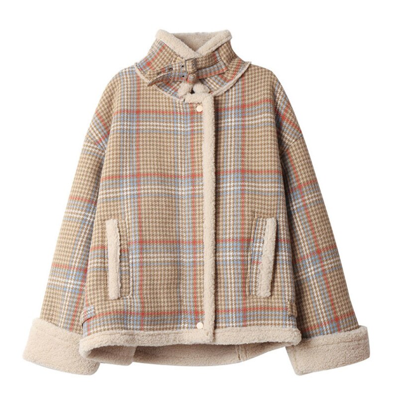 Women's Lambs Wool Short Coats Autumn Winter Wild New Korean Version Loose Plaid Notched Long Sleeve Casual Jacket