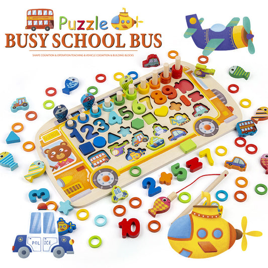 Busy School Bus Logarithmic Board Children's Educational Toys Digital Shape Fishing Operation Building Blocks Early Education Development