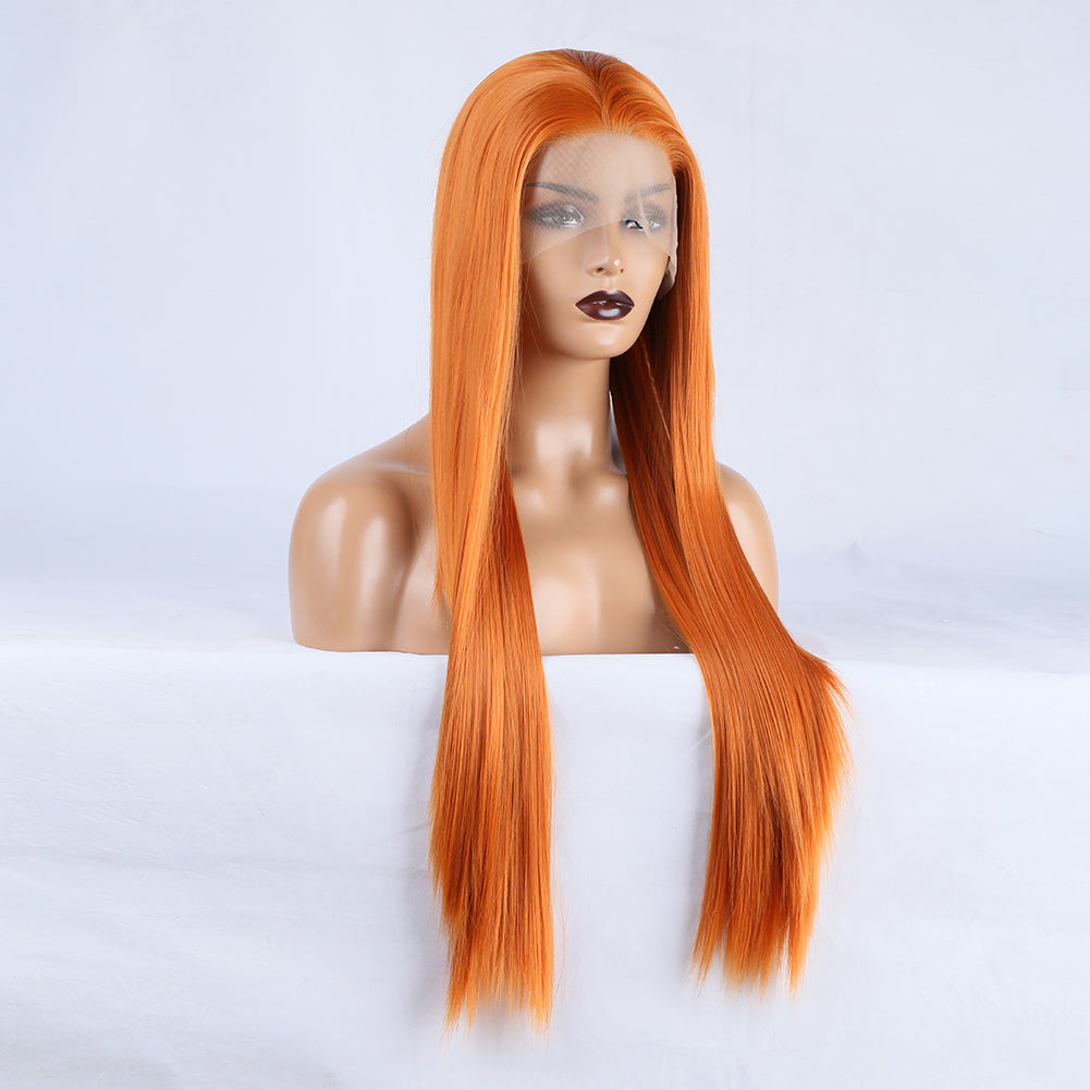 Long Straight Hair 13*2.5 Orange Chemical Fiber Front Lace Wig Head Cover Natural Hairline