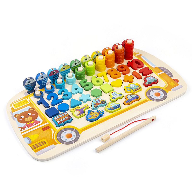 Busy School Bus Logarithmic Board Children's Educational Toys Digital Shape Fishing Operation Building Blocks Early Education Development