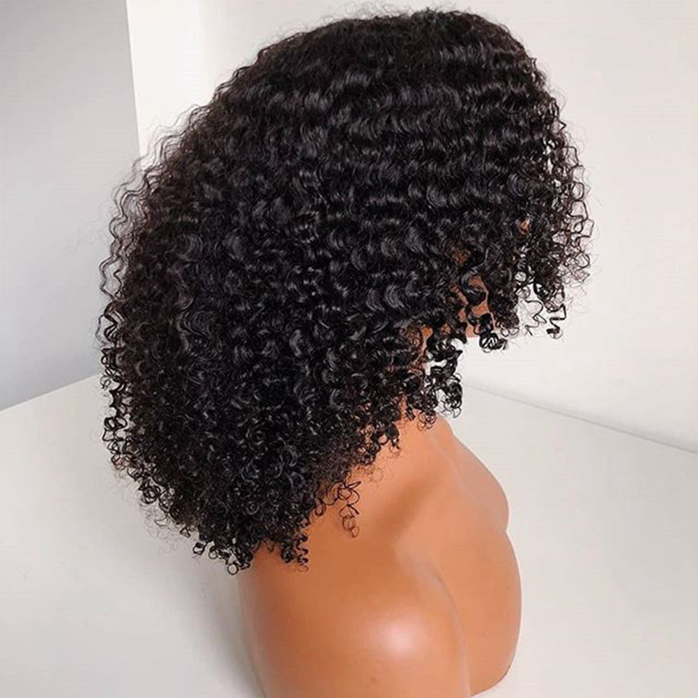 Black curly wig with small curls made of high-temperature synthetic fibers and featuring a front lace headgear