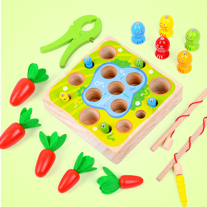 Children's Wooden Magnetic Fishing Toy Baby Plug Early Education To Catch Insects And Pull Radish Parent-Child Interactive Toys