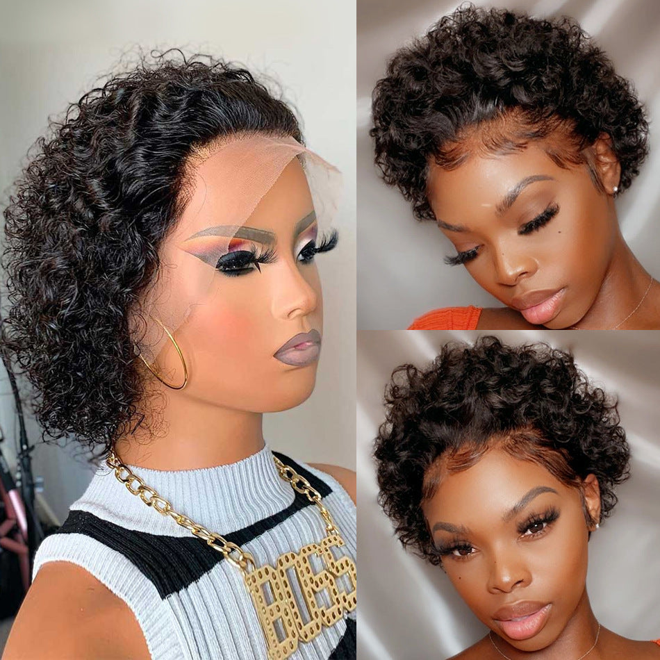 Lace wig with real human hair in a short pixie syle