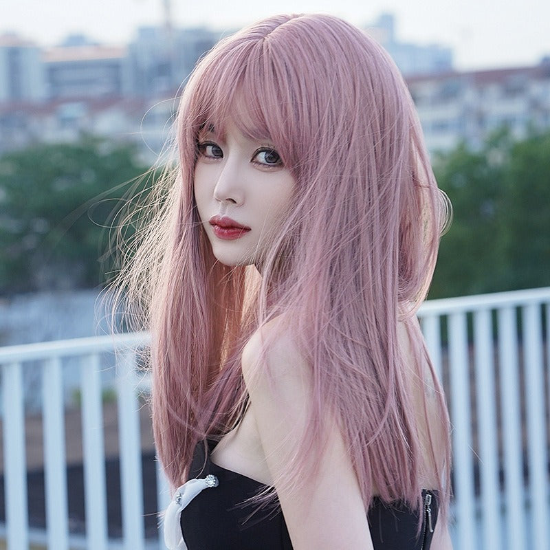 Long Hair Full Head Set Type Net Red Long Straight Hair Air Bangs Pink Wig Set Fashion Wig