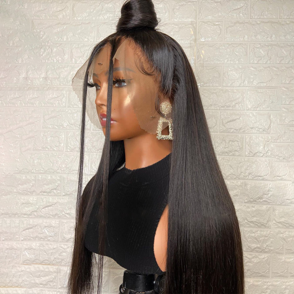 Natural-looking black synthetic wig with a front lace, featuring long, straight, matte, high temperature fibers