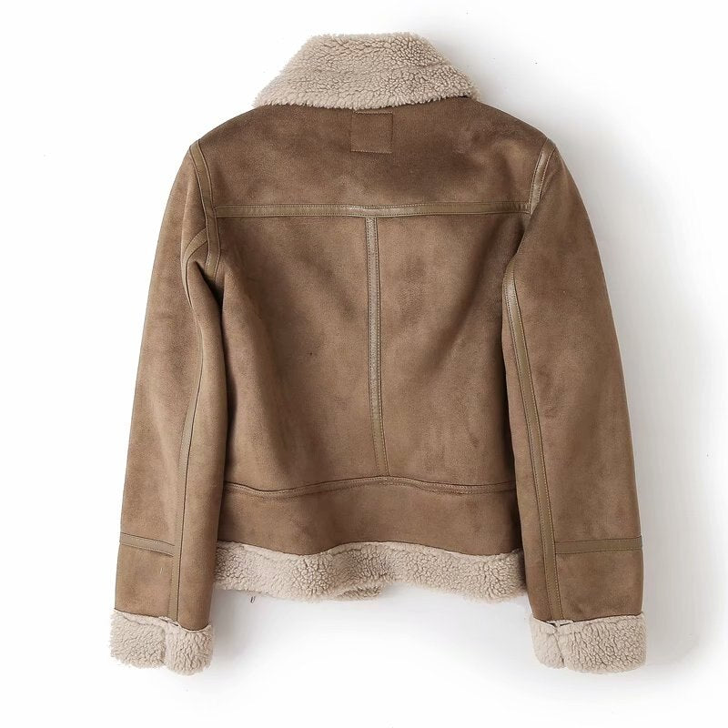 Winter Women Faux Shearling Sheepskin Leather Fur Jackets Lady Thick Warm Suede Lambs Wool Short Motorcycle Brown Coats