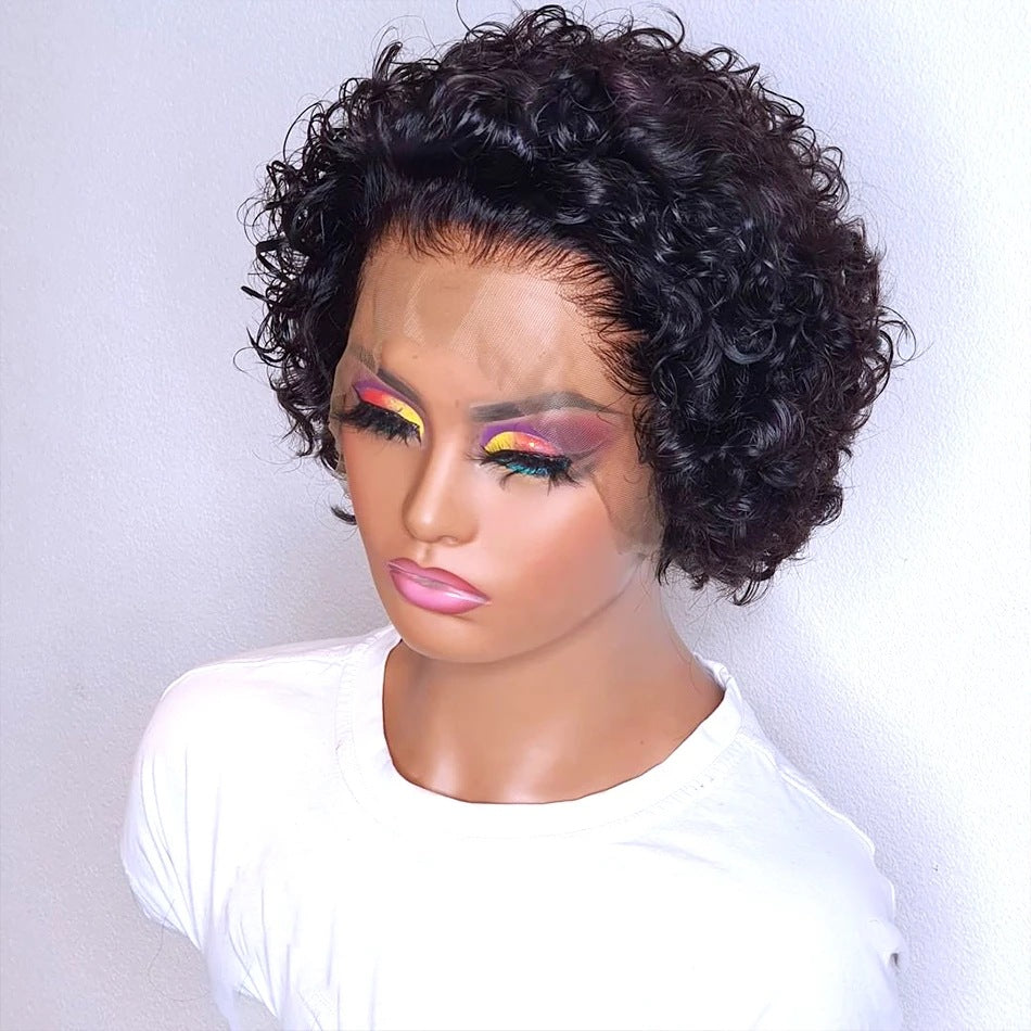 Lace wig with real human hair in a short pixie syle