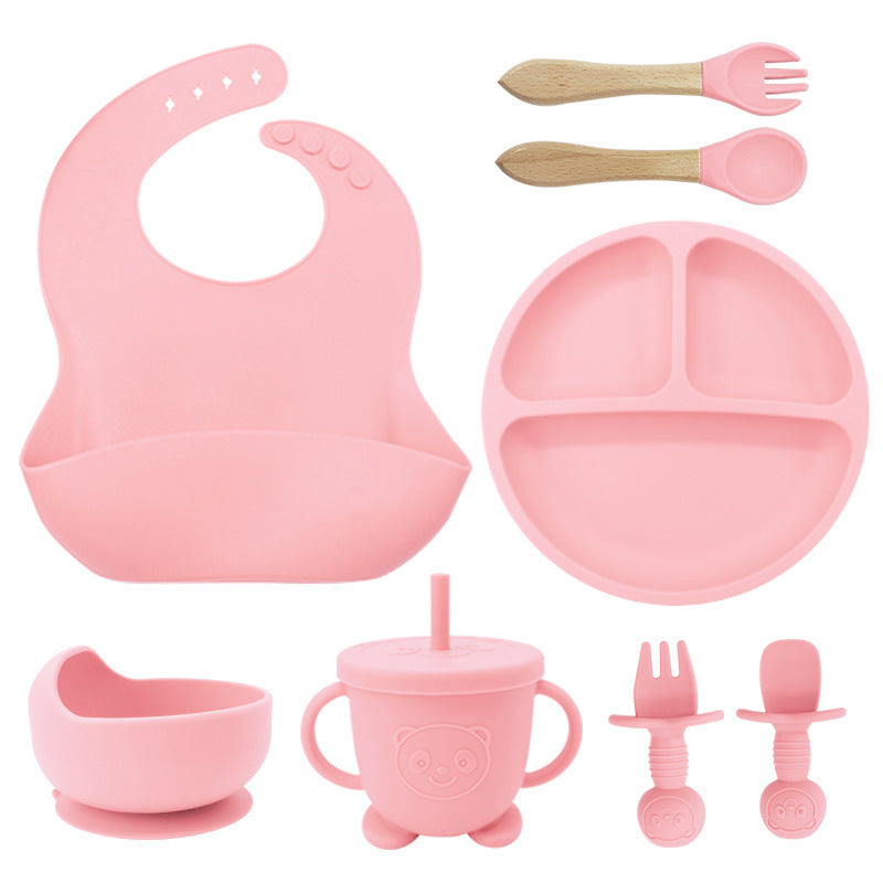 8PCS Mother and baby silicone bibs, silicone dinner plates, eight-piece set, baby food training suction cup bowl, baby divided tableware set