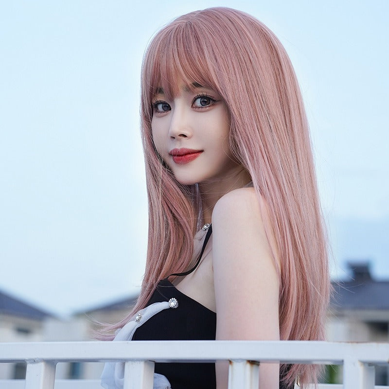 Long Hair Full Head Set Type Net Red Long Straight Hair Air Bangs Pink Wig Set Fashion Wig