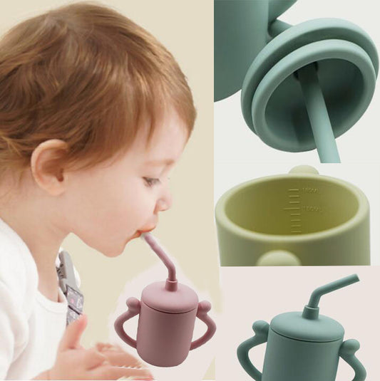 Children's Silicone Water Cup With Straw Silicone Anti-Drop Water Cup Leak-Proof Binaural Training Learning Drinking Cup