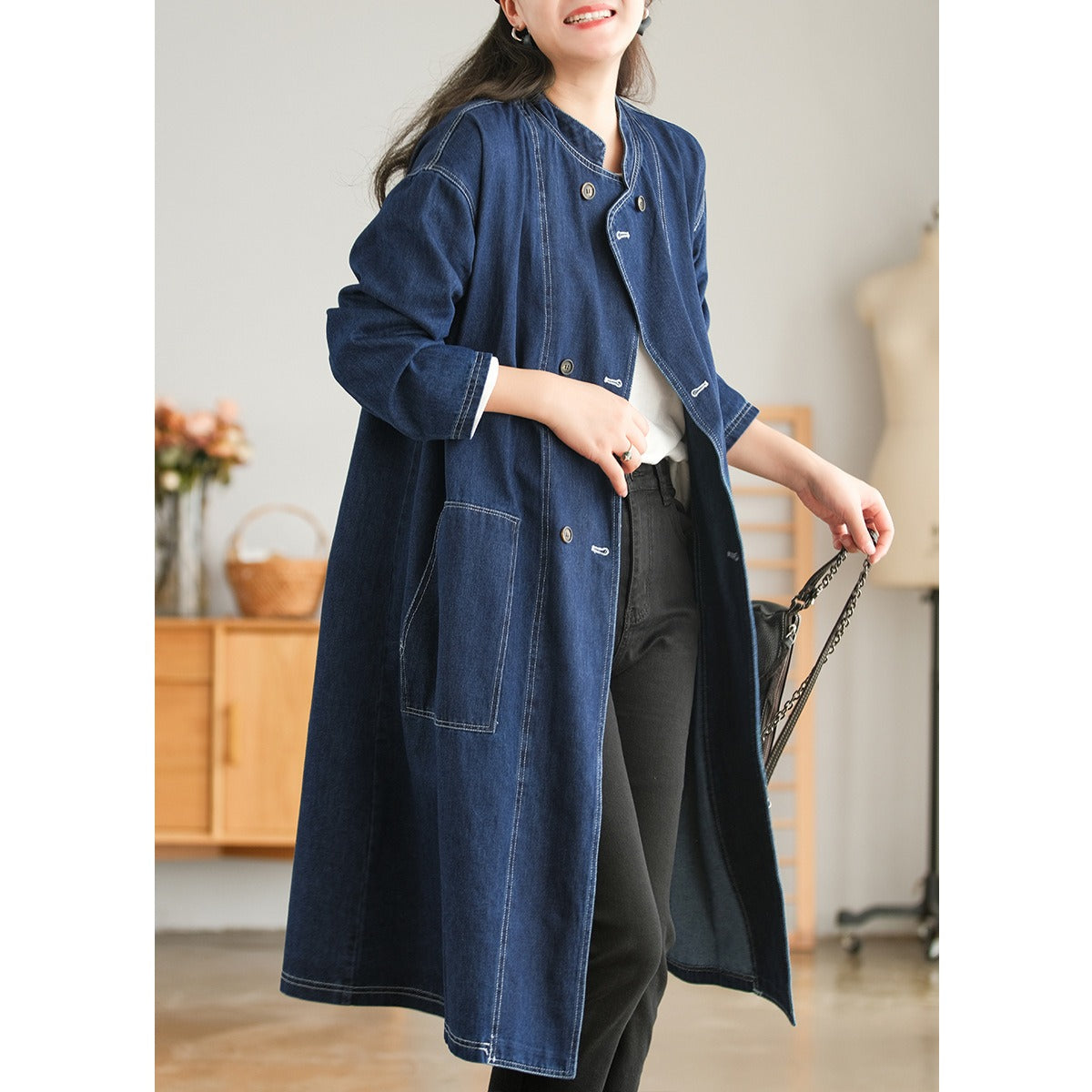 Lady Denim Trench Coat For Women Stand Collar Long Sleeves Double Breasted Retro Patchwork Coats