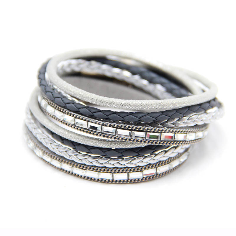 New Hand Woven Diamond Bracelet Women's Fashion Zinc Alloy Jewelry Multi Layer Magnetic Bracelet Leather Bracelet