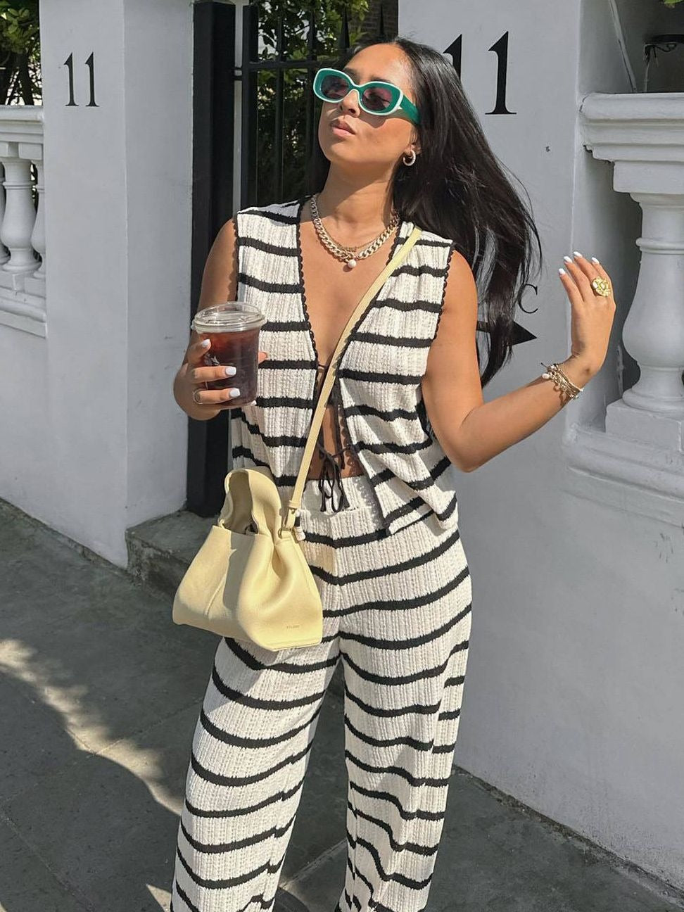 Summer 2 Pieces Set Black And White Striped V-Neck Lace-Up Tops+Knitted High Waist Wide Leg Pants Female Suit