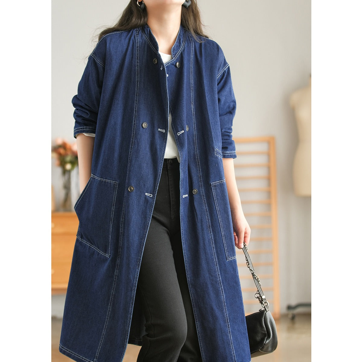 Lady Denim Trench Coat For Women Stand Collar Long Sleeves Double Breasted Retro Patchwork Coats