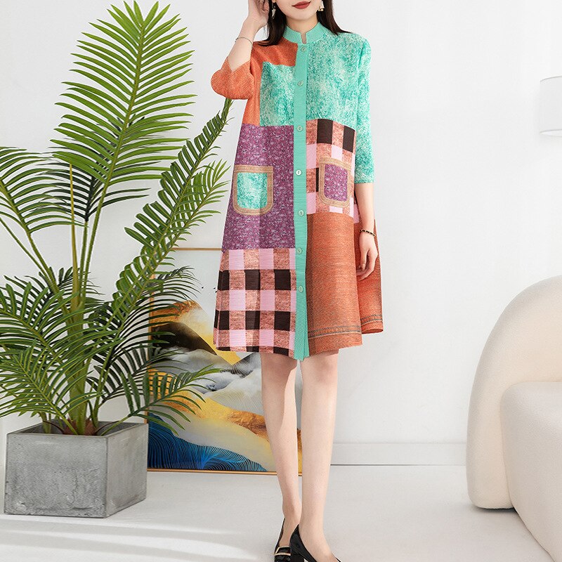 Miyake Pleated Denim Plaid Printed Dress Women  Spring Summer New Cardigan Single Breasted Loose Plus Size Long Dress Coats