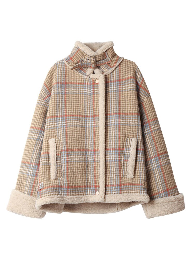 Women's Lambs Wool Short Coats Autumn Winter Wild New Korean Version Loose Plaid Notched Long Sleeve Casual Jacket