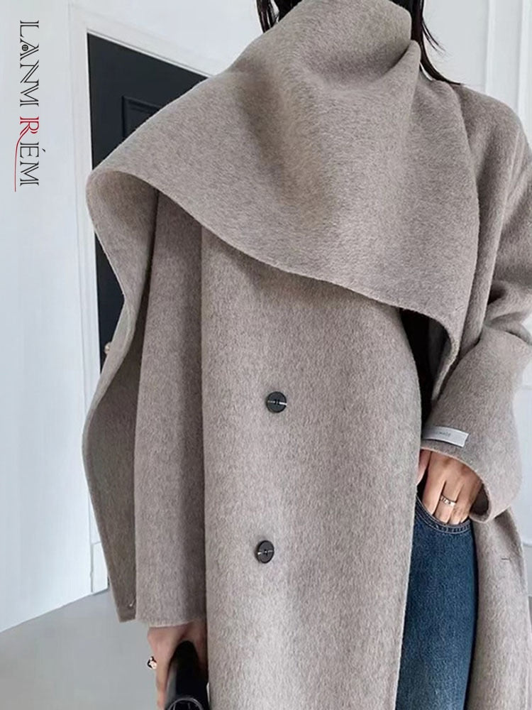 Autumn And Winter New Shawl Scarf Collar Double-breasted Solid Color Women's Double-sided Woolen Belt Coats