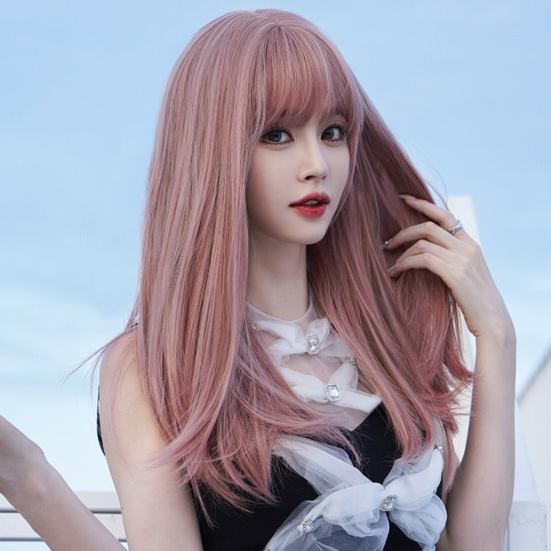 Long Hair Full Head Set Type Net Red Long Straight Hair Air Bangs Pink Wig Set Fashion Wig