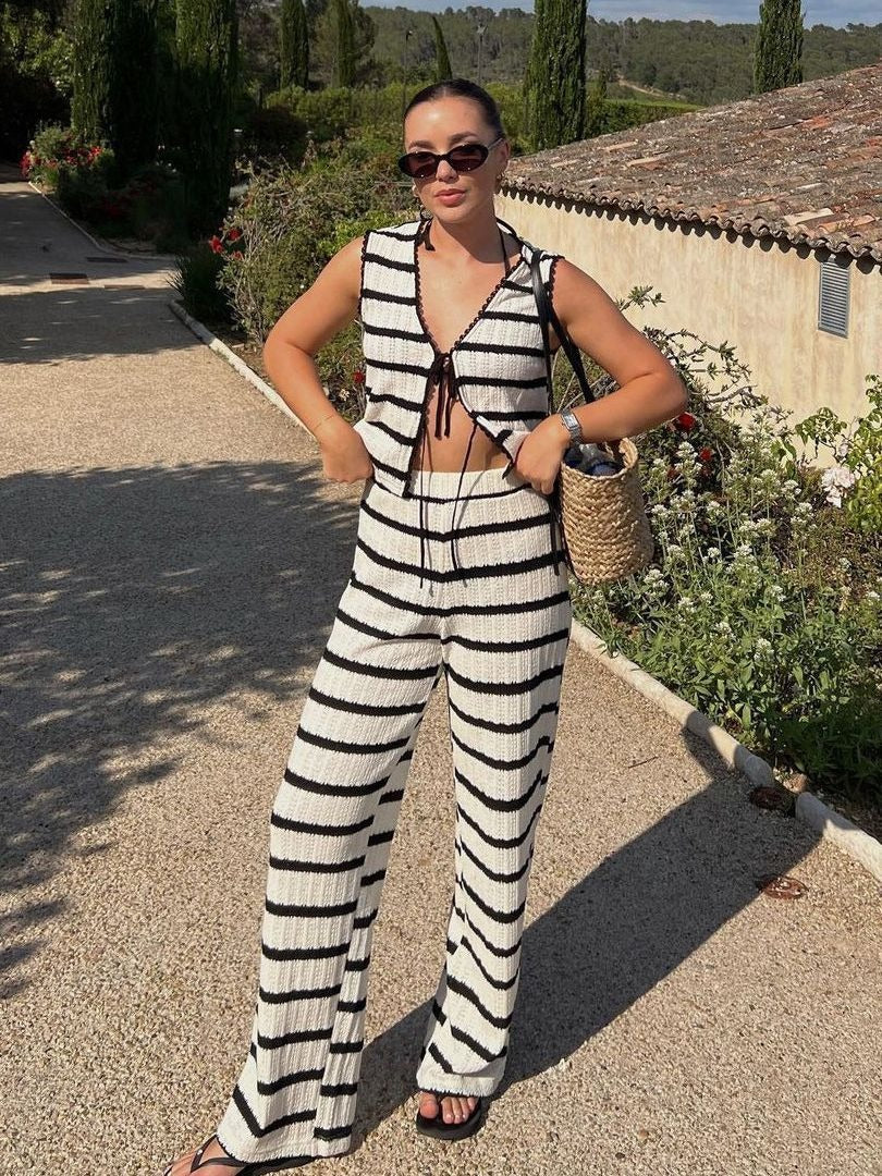 Summer 2 Pieces Set Black And White Striped V-Neck Lace-Up Tops+Knitted High Waist Wide Leg Pants Female Suit