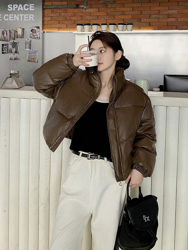 Fashion Stand Collar Quilted Casual Korean Parkas Women Fall Winter Leather Zipper Loose Coats Lady Pocket Street Padded Jackets