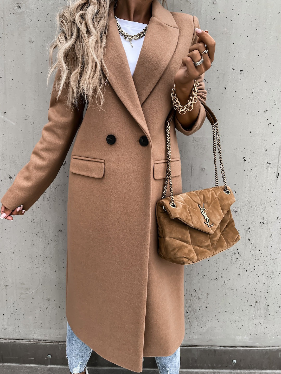 Autumn and winter long suit collar woolen coat for women