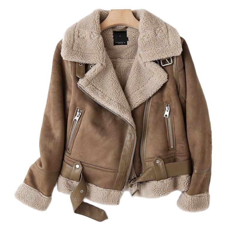 Winter Women Faux Shearling Sheepskin Leather Fur Jackets Lady Thick Warm Suede Lambs Wool Short Motorcycle Brown Coats