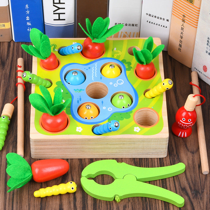 Children's Wooden Magnetic Fishing Toy Baby Plug Early Education To Catch Insects And Pull Radish Parent-Child Interactive Toys