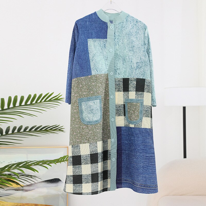 Miyake Pleated Denim Plaid Printed Dress Women  Spring Summer New Cardigan Single Breasted Loose Plus Size Long Dress Coats