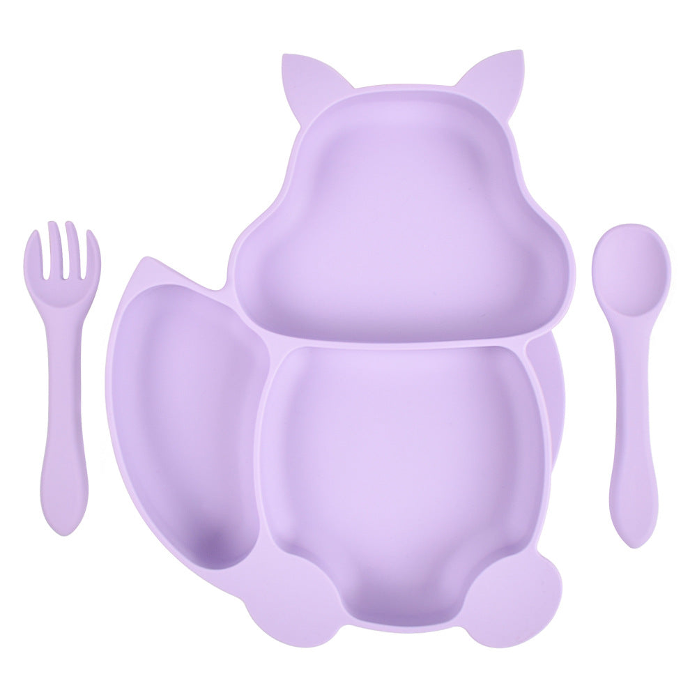 Squirrel Compartment Children's Tableware Silicone Complementary Food Bowl Baby Fork And Spoon Integrated Silicone Dinner Plate