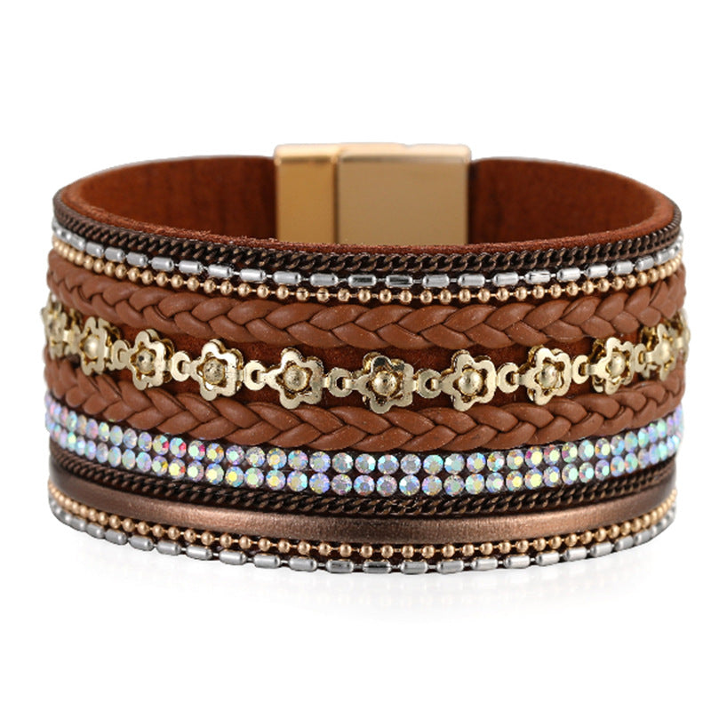 Bohemian Wide Bracelet Flower Elements Diamond Light Luxury Braided Leather Strip Fashion Magnetic Buckle Bracelet