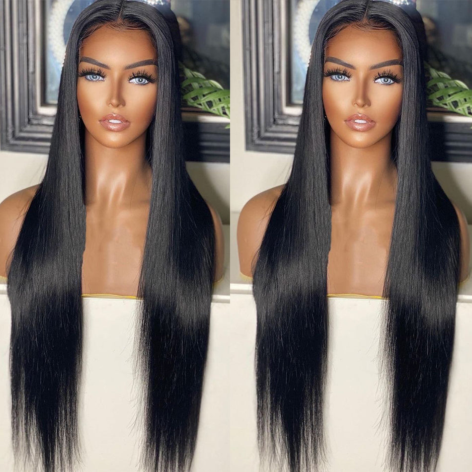 Natural-looking black synthetic wig with a front lace, featuring long, straight, matte, high temperature fibers