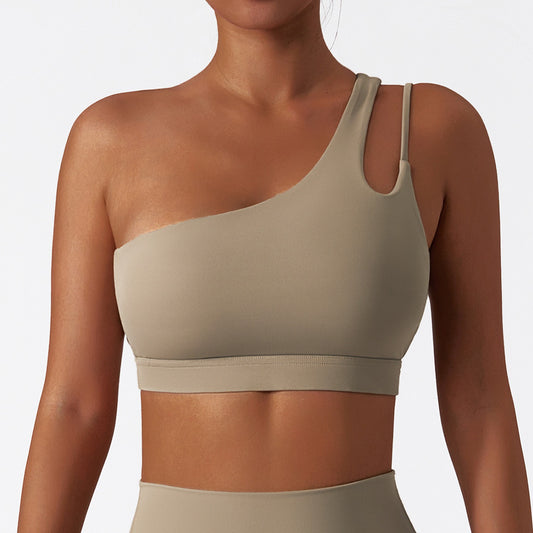 Oblique one-shoulder shock-proof yoga bra, cloud-like beautiful back sports bra, irregular shoulder straps, running fitness vest