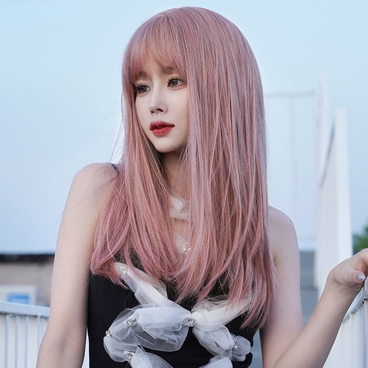 Long Hair Full Head Set Type Net Red Long Straight Hair Air Bangs Pink Wig Set Fashion Wig