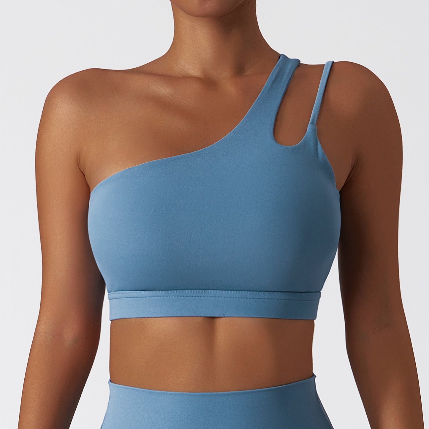 Oblique one-shoulder shock-proof yoga bra, cloud-like beautiful back sports bra, irregular shoulder straps, running fitness vest