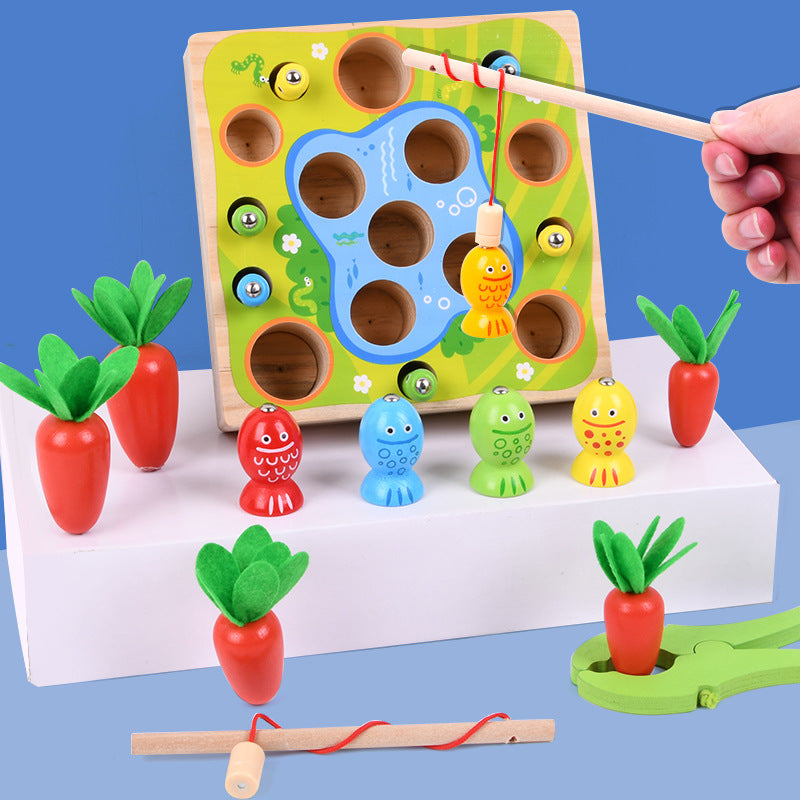 Children's Wooden Magnetic Fishing Toy Baby Plug Early Education To Catch Insects And Pull Radish Parent-Child Interactive Toys