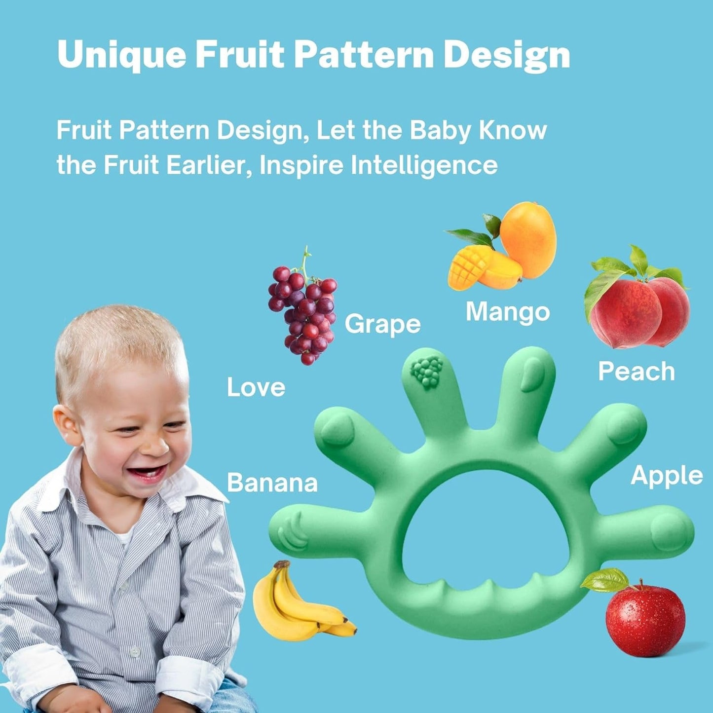 Silicone gum for baby teething prevention, hand grinding, six finger fruit pattern design, children's biting and chewing gum