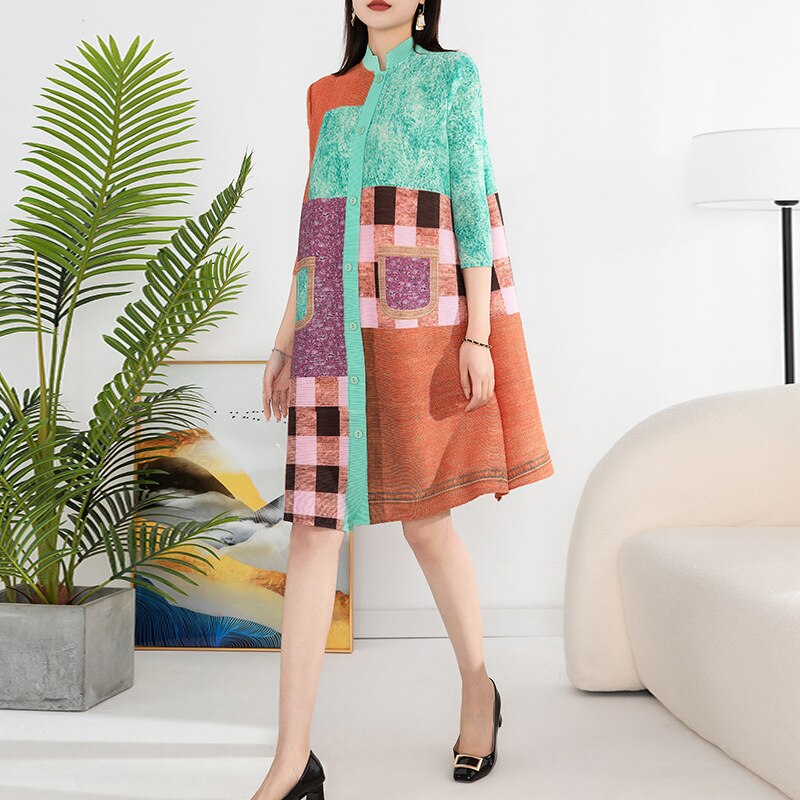 Miyake Pleated Denim Plaid Printed Dress Women  Spring Summer New Cardigan Single Breasted Loose Plus Size Long Dress Coats