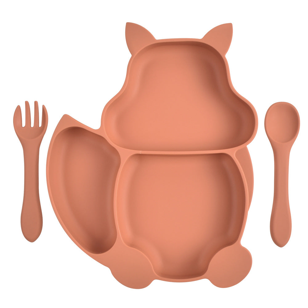 Squirrel Compartment Children's Tableware Silicone Complementary Food Bowl Baby Fork And Spoon Integrated Silicone Dinner Plate