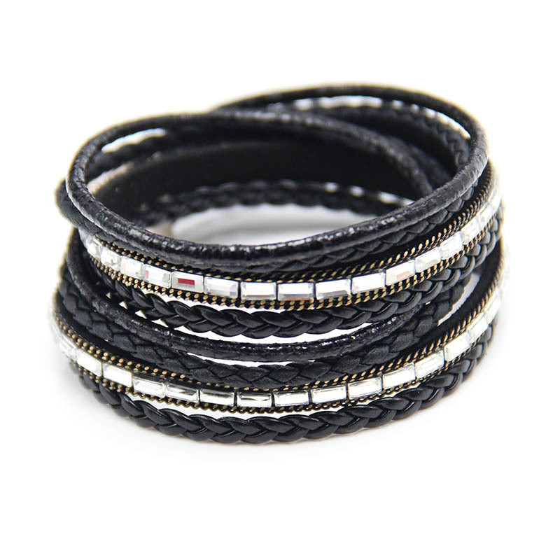 New Hand Woven Diamond Bracelet Women's Fashion Zinc Alloy Jewelry Multi Layer Magnetic Bracelet Leather Bracelet