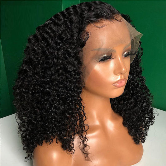 Black curly wig with small curls made of high-temperature synthetic fibers and featuring a front lace headgear