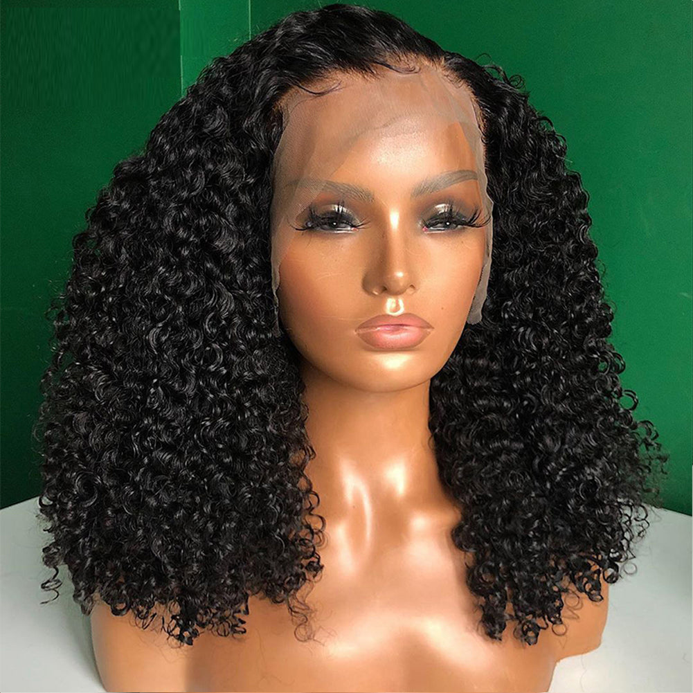 Black curly wig with small curls made of high-temperature synthetic fibers and featuring a front lace headgear