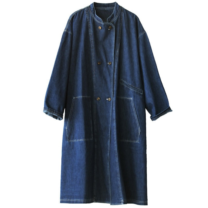 Lady Denim Trench Coat For Women Stand Collar Long Sleeves Double Breasted Retro Patchwork Coats